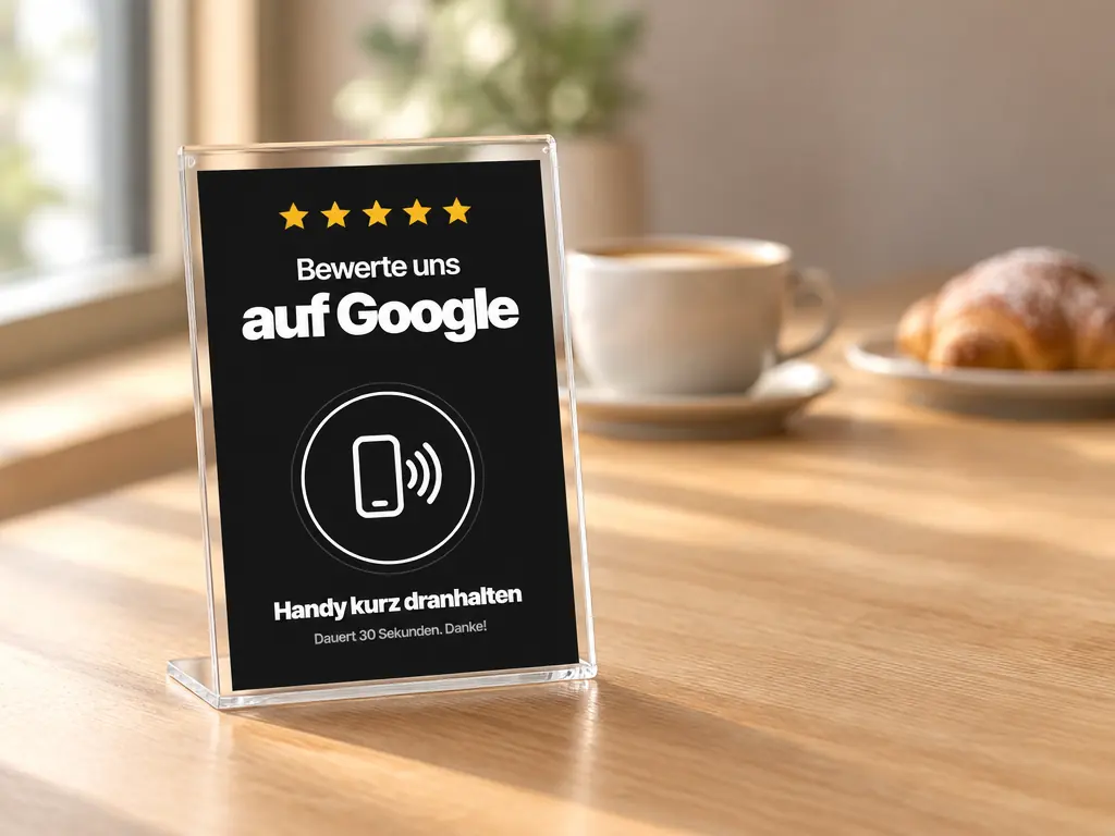 NFC-Bewertungsaufsteller aus Acryl auf einer Café-Theke