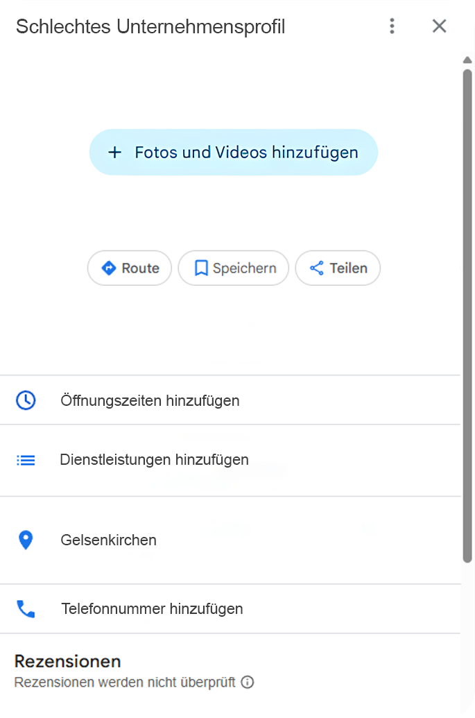 Unoptimiertes Google Profil